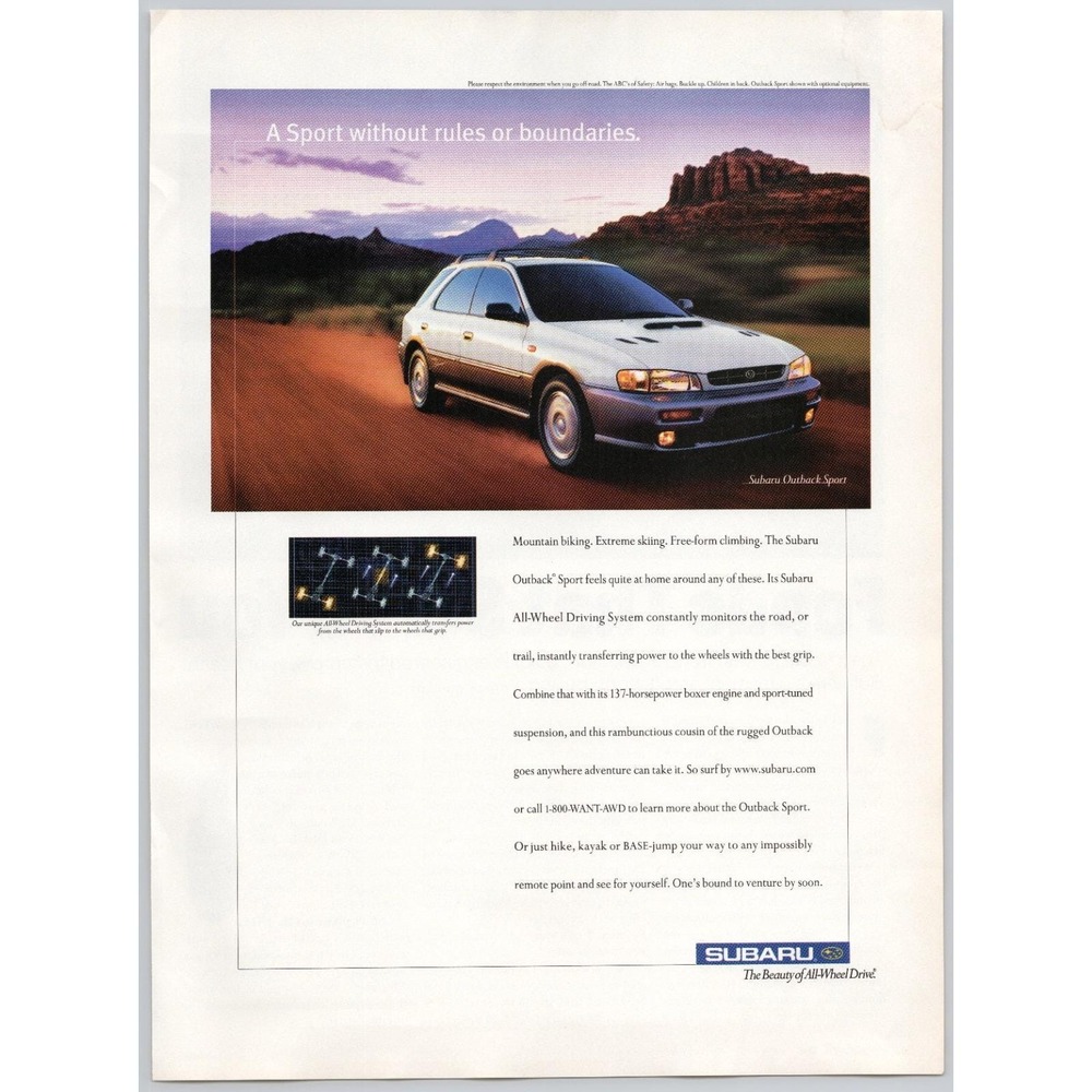Subaru‎ Outback Sport AWD Adventure Car Vintage Print Ad Wall Art 1999